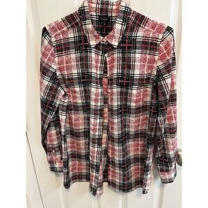 Talbots Size L Blouse Red Cream Black Houndstooth Long Sleeve Button Up Preowned